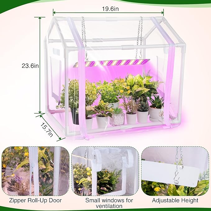 Meonum Mini Greenhouse for Indoor Outdoor Portable Green House with 15W Plant Dimmable LED Grow Lights Timer 3 Light Color Mode for Indoor Outdoor Seed Starter Tray(23.6x15.7x19.6)