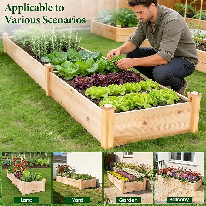 MIXC 8×2ft Wooden Horticulture Raised Garden Bed Divisible Elevated Planting Planter Box for Flowers/Vegetables/Herbs in Backyard/Patio Outdoor Natural Wood