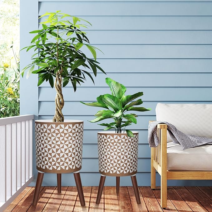 10 &amp 12 Inches Plant Pot with Stand Large Modern Standing Planters for Indoor Outdoor Plants with Drainage Holes Big Gold Floral Embossed Flower Pots with Legs