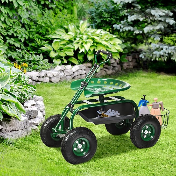 Rolling Garden Cart with Seat Heavy Duty Gardening Scooter w/Wheels Storage &amp Extendable Steering Handle Garden Work Seat for Planting Green
