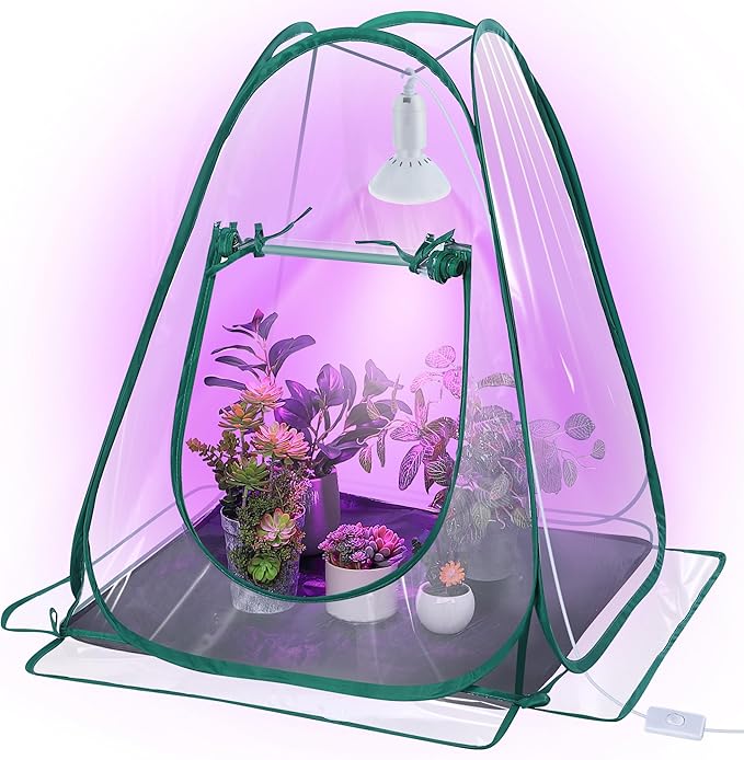 Meonum 1 Pack Mini Greenhouse with 10W 200 LED Grow Light Bulbs for Indoor 27 x 27 x 30 Pop Up Small Greenhouse Cover with Bottom Waterproof Bottom Mat for Indoor Outdoor Plants Seed Starting