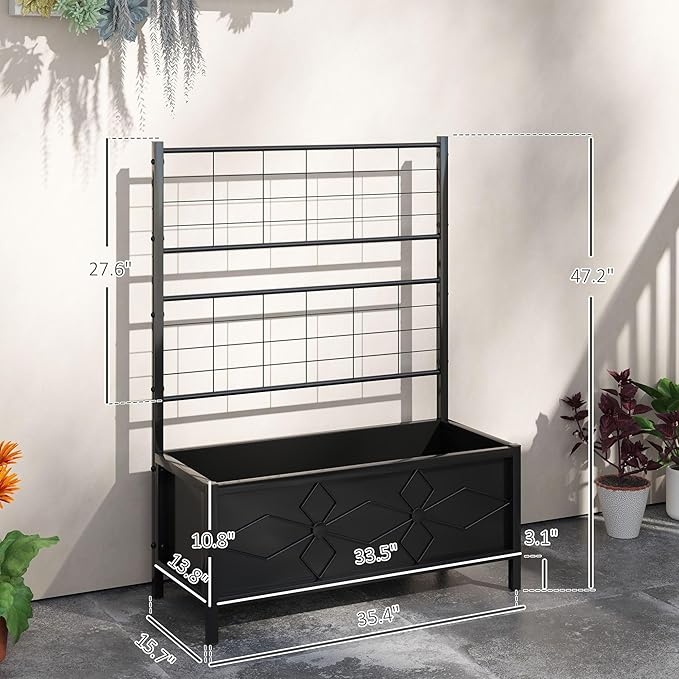 35.4x15.7x47.2 110lb Weather-Resistant Robust Durable Galvanized Steel Raised Garden Bed with Climbing Trellis and Efficient Drainage Black