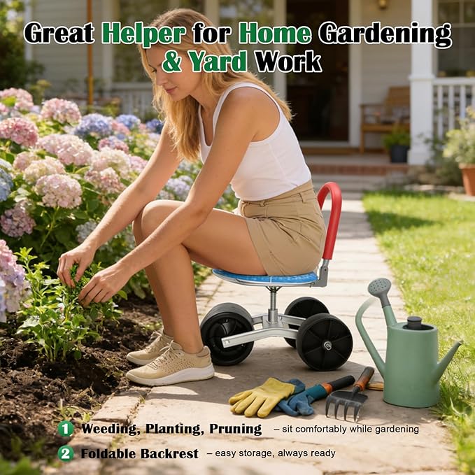 Garden Seat with Wheels 360 ° Rotation and Adjustable Height Rolling Garden Work Seat for Patio Yard Orchard Farmland 3 Wheels