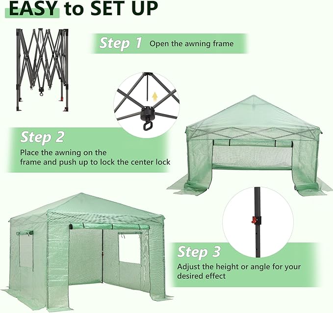 GDY 8X8FT Instant Pop-up Greenhouse Walk-in Plant Gardening Green House with PE Cover/Roll-Up Zipper Doors/Side Windows for Indoor Backyard and Outside Green/Clear.