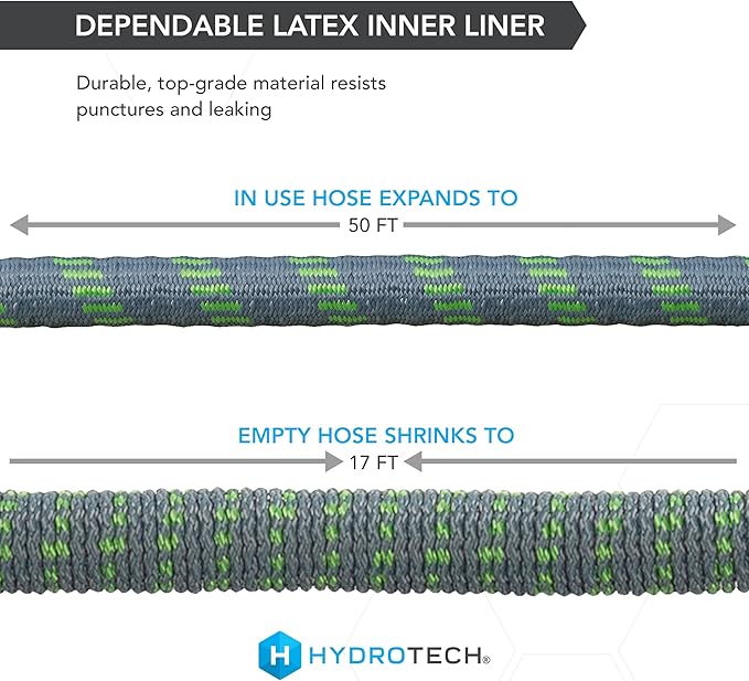 HydroTech 50 ft Expandable Garden Hose - Burst Proof &amp Lightweight Flexible Water Hose with Durable Reinforced Latex Core &amp Solid Brass Fittings for Lawn Garden Car Washing