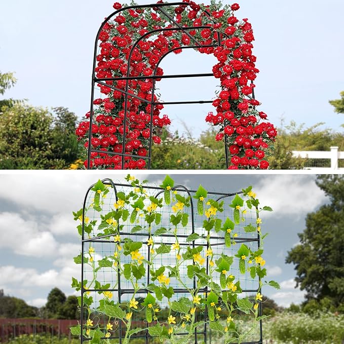 7ft Cucumber Trellis for Raised Bed Garden Arch Trellis for Climbing Plants Outdoor Indoor Metal Trellis Support with Net for Vegetables Tomato Zucchini Squash Beans Peas Melons Rose FlowersVines