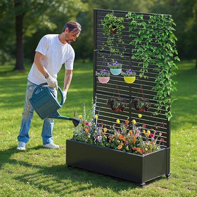Planter Raised Beds 70.87x47.24x15.75inch Privacy Screen Planter Box with Trellis &amp Wheels Privacy Screen Planter Box On Wheels Drainage Hole for Climbing Vines Flowers Vegetables Decor