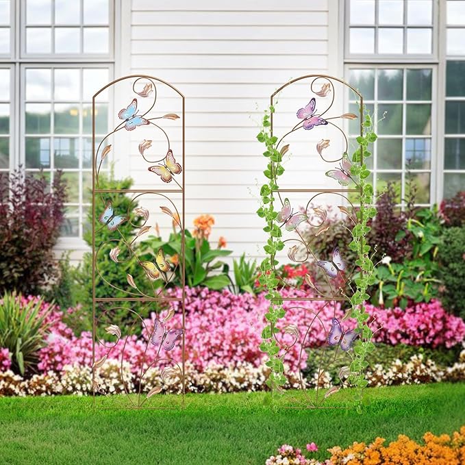 ABQ Garden Trellis for Climbing Plants Metal Arched Trellis with Colorful Butterfly for Outdoor Patio Backyard(2 Pack)