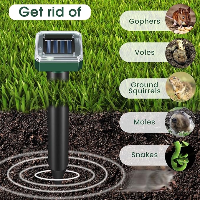 Mole Repellent Solar Powered Ultrasonic Repeller 4-Pack Waterproof Sonic Spikes Gopher Vole Groundhog Snake Chipmunk Mole Deterrent Get Rid of Moles in Your Yard (4)