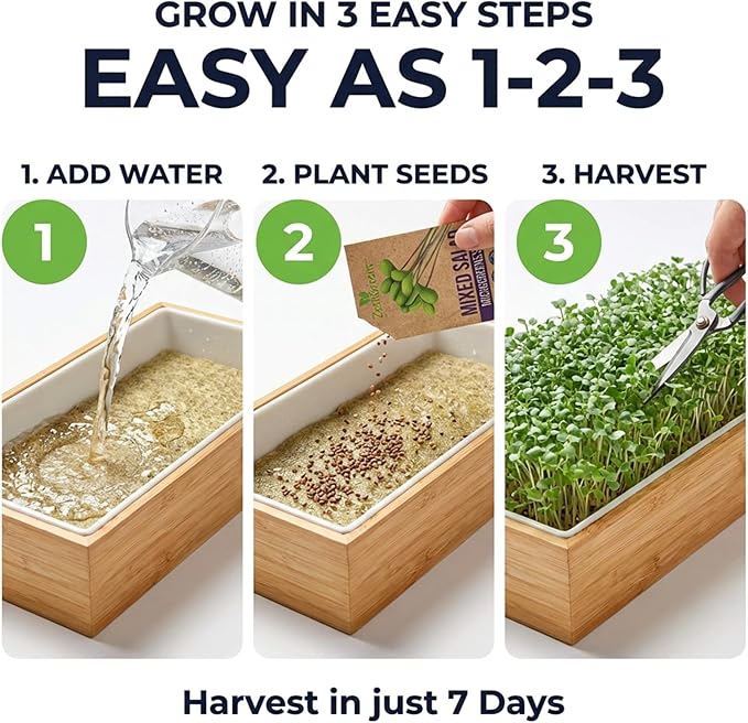 ZESTIGREENS Organic Self-Watering Microgreens Growing Kit – Reusable Indoor Grow Tray with Organic Seeds Grow Mats &amp Bamboo Frame – Easy No-Soil Microgreens Starter Kit (Broccoli &amp Salad Mix)