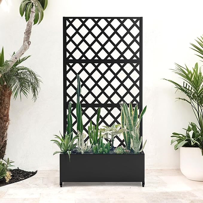 Metal Large Garden Bed with Trellis &amp Wheels Planter Box with Privacy Screen for Climbing Plants Privacy Planters for Patio 35 L Garden Boxes with Drainage Holes (Black Diamond)