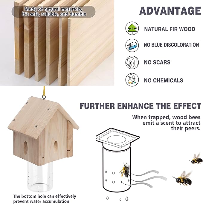 Carpenter Bee Trap for Outside - Best Bee Trap - Cabin Style Nature Hanging Wood Carpenter Bee Traps Outdoor - Insect Traps with Removable Vault (1 Pack)