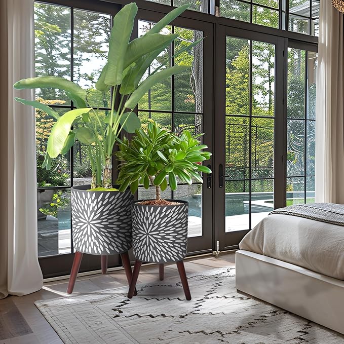 10 &amp 12 Inches Plant Pot with Stand Set of 2 Large Matte Gray Modern Planters for Indoor Outdoor Plants with Drainage Holes Big Flower Pots with Wood Legs