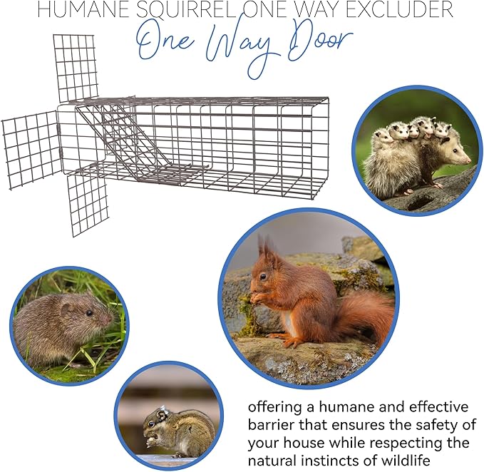 One Way Door for Squirrels Excluder Humane Squirrel Traps OutdoorM Reusable Squirrel and Rodent Trap with Copper Mesh for Chipmunks Mice Rats Includes DIY Installation Kit