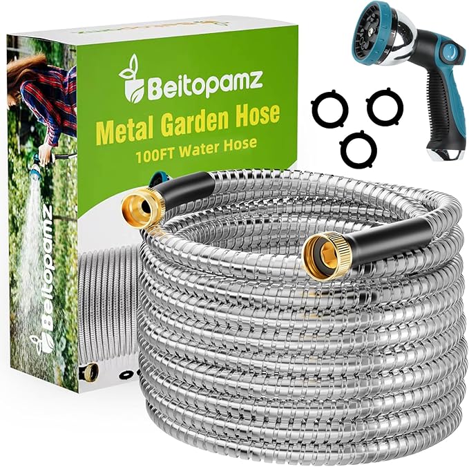100 ft Garden Hose Stainless Steel Metal Water Hose with Nozzle Flexible and Durable Rust Proof No-Kink Heavy Duty Leakproof 3/4'' Brass Fittings Lightweight Hose for Patio Lawn