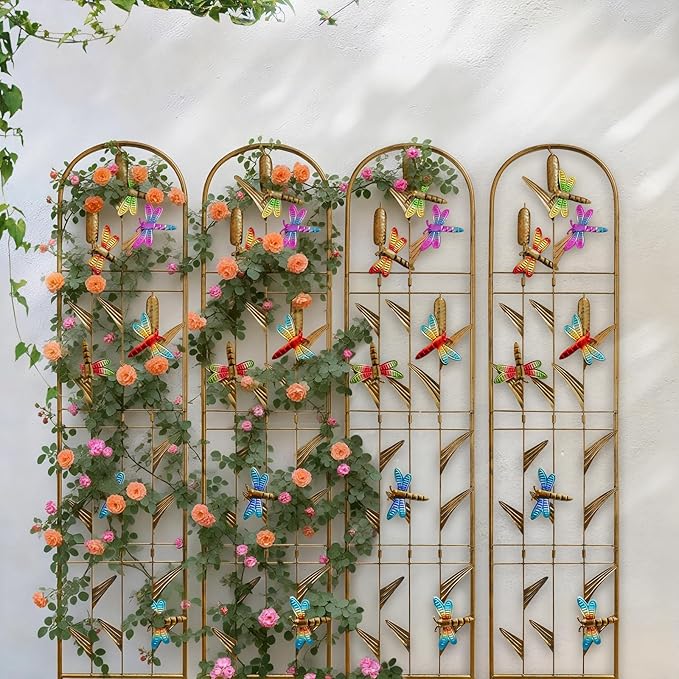 4 Pack Metal Garden Trellis with Colorful Dragonfly Outdoor Decoration Arched Fence Trellis for Climbing Plants for Patio Backyard