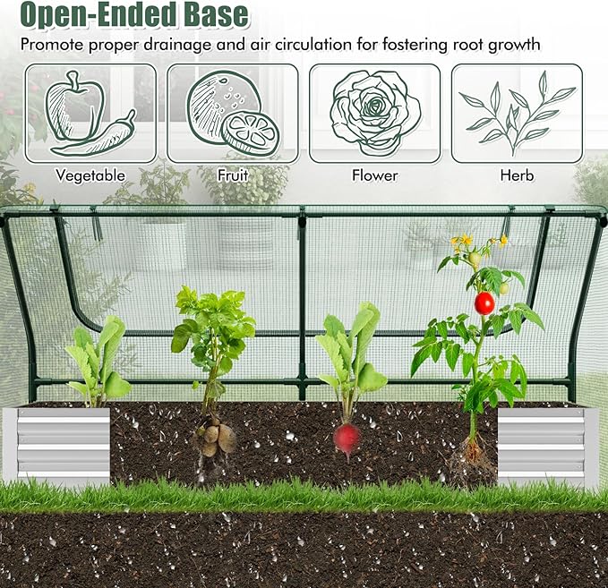 Giantex Galvanized Steel Raised Garden Bed with Mini Greenhouse Outdoor Metal Planter Box Kit with Large Roll-up Cover 71x 35.5x 36 Planter Raised Bed for Flower Vegetable Fruit (Green &amp Silv