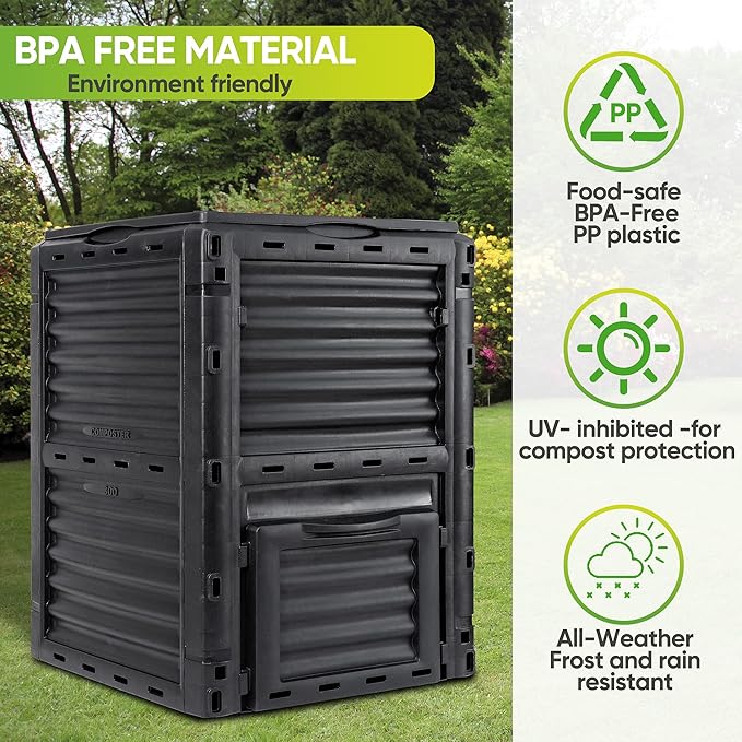 JupiterForce Garden Compost Bin 80 Gallon (300 L) from BPA Free Material Large Composting Bin Outdoor Composter with Gloves Easy Assembling Fast Creation of Fertile Soil Lightweight Black