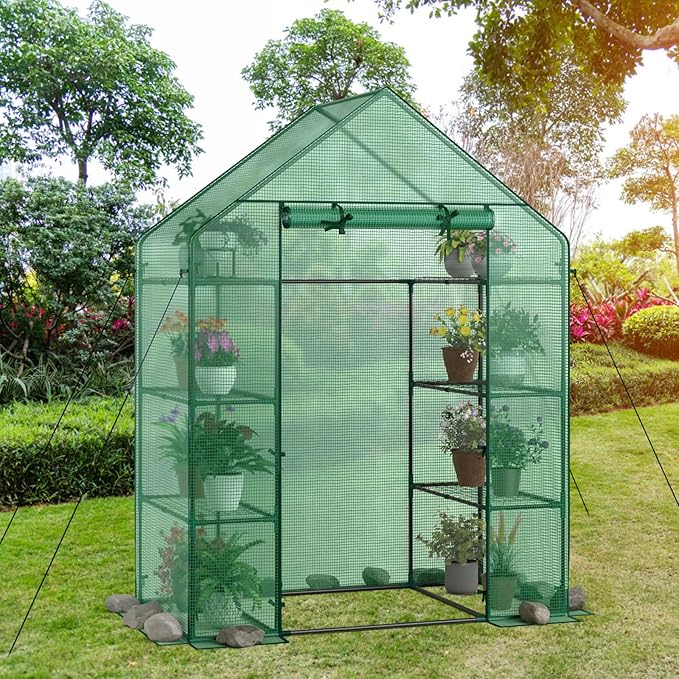 Walk-in Greenhouse Portable Plant Garden House with 4 Tier 8 Shelves &amp Zippered Roll Up Door Mini Growing House for Indoor Outdoor Garden Patio Backyard