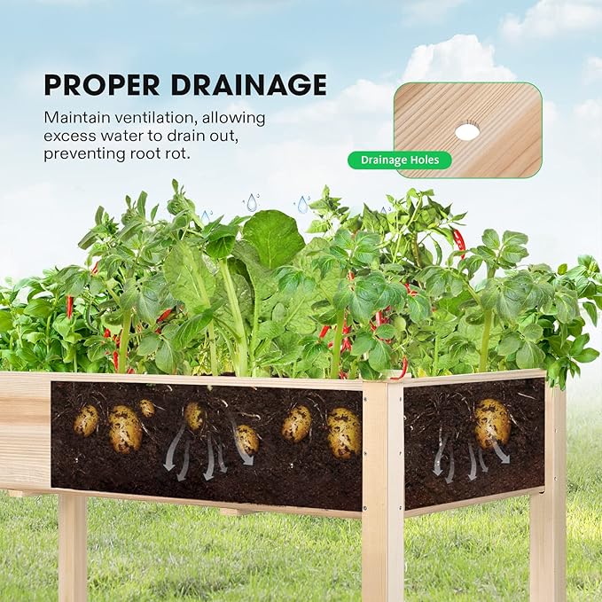 VIVOSUN Elevated Wooden Raised Garden Bed 48 x 24 x 30 Inches Outdoor Wood Planter Box w Bed Liner and Gloves for Garden Patio Balcony Backyard and Outdoors 220-Pound Capacity
