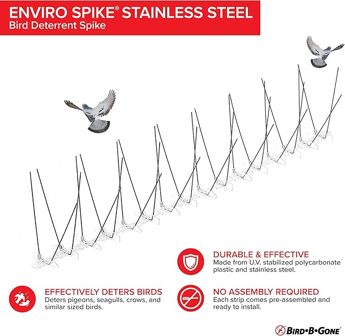 Bird B Gone - Pre-Assembled EnviroSpike Stainless Steel Anti Bird Spikes (50') - UV-Stabilized Polycarbonate Base - Humane Deterrent - Stops Pigeons &amp Birds from Roosting On Rooftops Ledges Fenc
