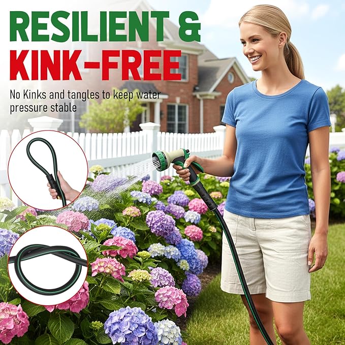 Heavy Duty Garden Hose 50 ft NON-EXPANDABLE Water Hose with 10 Function Spray Nozzle Lightweight Kink-less Hybrid Hose with Swivel Handle Male to Female Fittings
