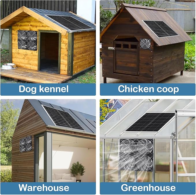 20W Solar Powered Exhaust Fan Kit with Solar Panel &amp 4-Pack High-Speed Brushless DC Fans 2600RPM 9.8ft Cord Waterproof for Greenhouses AtticShedBarnDog House
