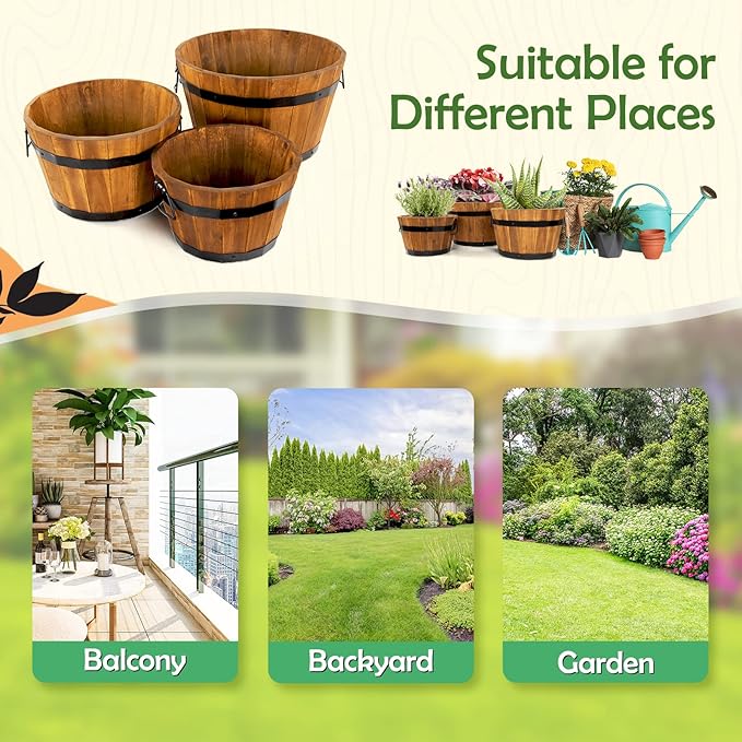 Idzo Set of 3 Wooden Flower Boxes Outdoor Durable Acacia Wood Barrel Planters for Outdoor Plants with Ergonomic Handles Drainage Holes Multiple Sizes Wood Bucket Planter Light Brown