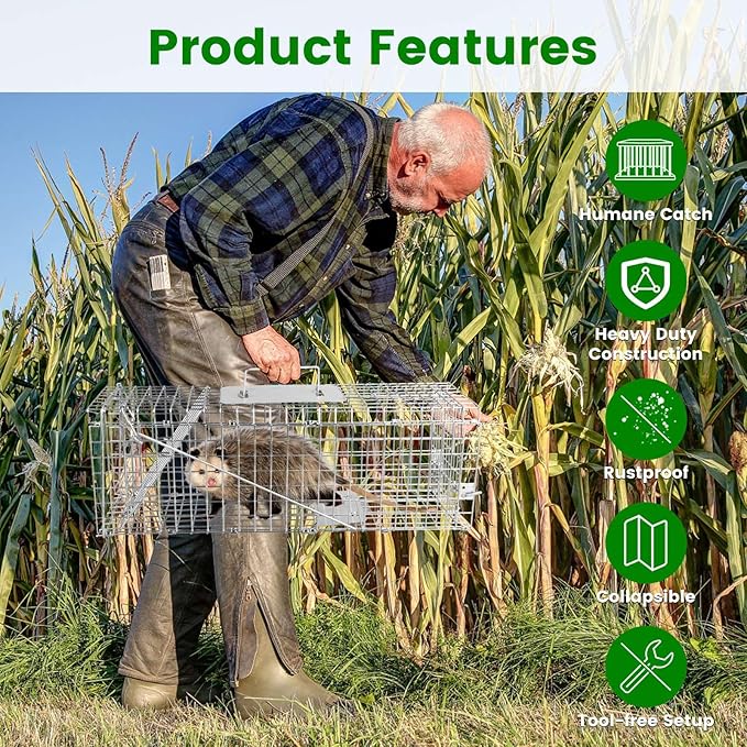 Live Animal Cage Trap 23.3x7.2x7.7 Inches Humane Cat Trap for Stray Cats Outdoor Heavy Duty Foldable Raccoon Traps Humane Catch &amp Release Live Traps for Rabbits Squirrels
