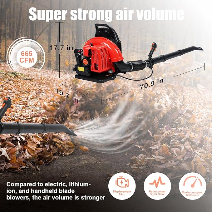 Backpack Leaf Blower 665 CFM Leaf Blower Gas Blower Electric Gas Leaf Blower for Lawn Care 1.7L Fuel Tank Leaf Blower 2-Stroke Engine 63CC High Strength Snow Blower for Yard Snow Debris (Red)