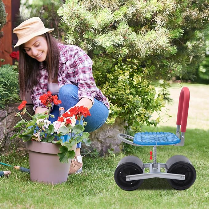 Garden Rolling Stool 7-16inch Adjustable Height Stool with 3 Wheels 220lbs Capacity 360° Rotating Garden Stool for Farm Greenhouse Gardening Picking