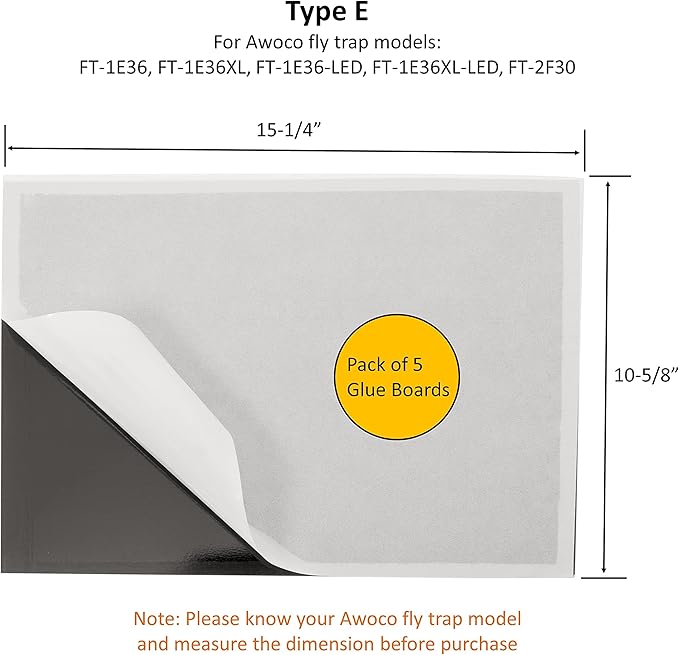 Awoco Pack of 5 Replacement Sticky Type E Glue Boards for Awoco Wall Mount Sticky Fly Trap Lamp Model FT-1E36 - Fits for Other Brands (5 Pcs Type E)