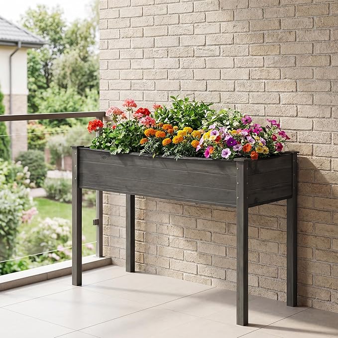 Giantex Wooden Raised Garden Bed Solid Pine Wood Planter Box w/Legs Drainage Holes Black Liner Outdoor Indoor Elevated Planter Box Stand for Patio Garden Lawn Greenhouse 47 x 23 x 30