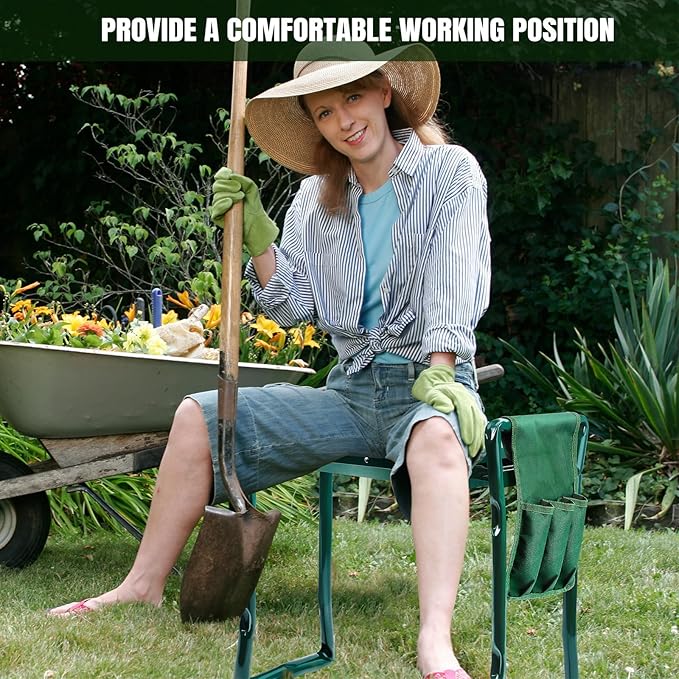 Folding Garden Kneeler Seat with Handles and 3 Tool Bag Anti-Tipping Gardener Stool Widened Thick EVA Soft Foam Kneeling Pad Portable Lightweight Gardening Kneeler Stool for Garden