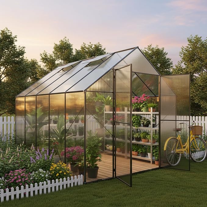 Kingdura 10x10ft Walk-in Greenhouse for Outdoors Large Polycarbonate Greenhouses with Heavy Duty Aluminum Frame Adjustable Roof Vent Lockable Door UV Protection for Outside Garden Backyard