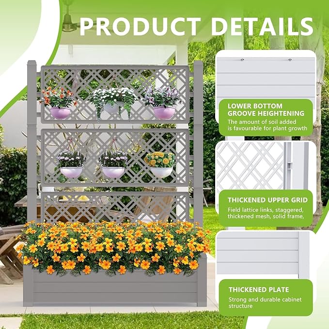 Vertical Garden Planter with Trellis for Climbing Plants Outdoor Raised Bed with Drainage &amp Water Gauge Weatherproof Resin for Patio Balcony Yard Dust-Resistant (Grey 43.43*18.27*59.29)