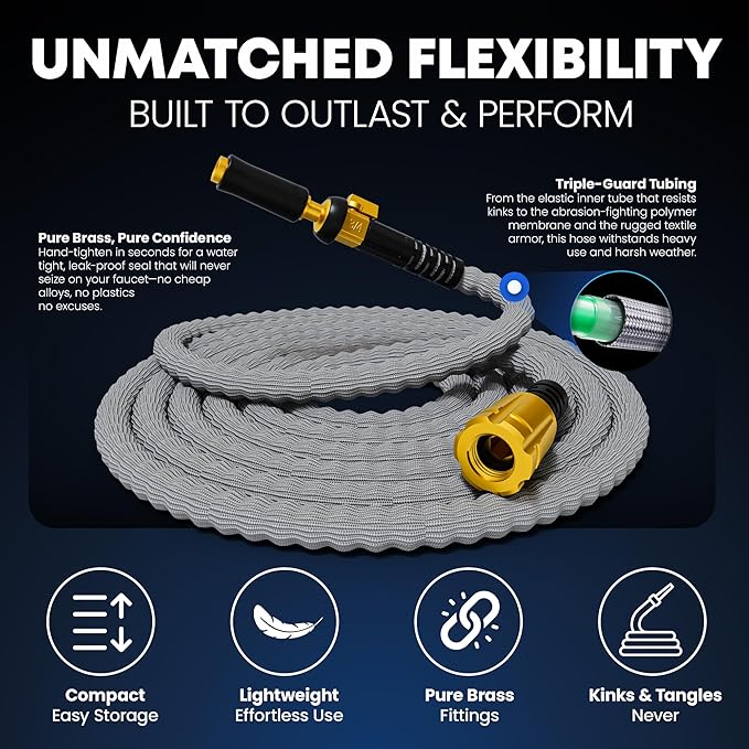 TITAN Flexible Garden Hose 15FT – Ultra Lightweight Heavy Duty Water Hose with Brass Fittings &amp Jet Nozzle – Kink-Free Non-Expanding Durable Fabric Hose for Yard Lawn Car Wash Outdoor Use