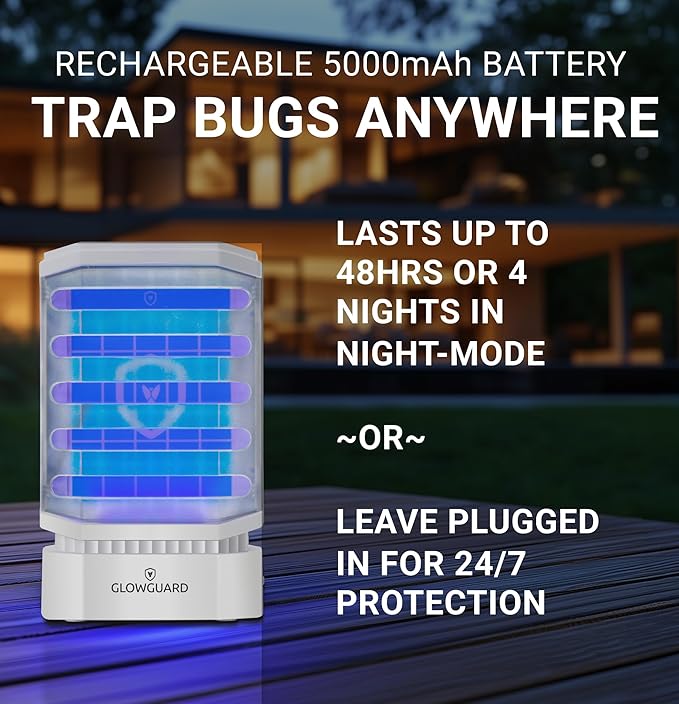 GlowGuard Cordless Flying Insect Trap Catches Fruit Flies Indoor Gnat Killer Magnet for Moths &amp Mosquitos in Dark 1 Rechargeable Bug Trap + 4 Dual-Sided Sticky Pad Refills 30hr Battery (White)