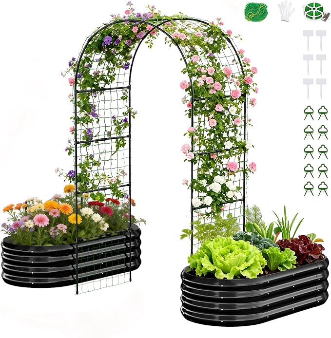 SUNYRISY Galvanized Raised Garden Bed with 87 H Arch Trellis for Climbing Plants Outdoor Metal Planter Box with Netting for Gardening Flowers Vegetables Fruit Herb Black
