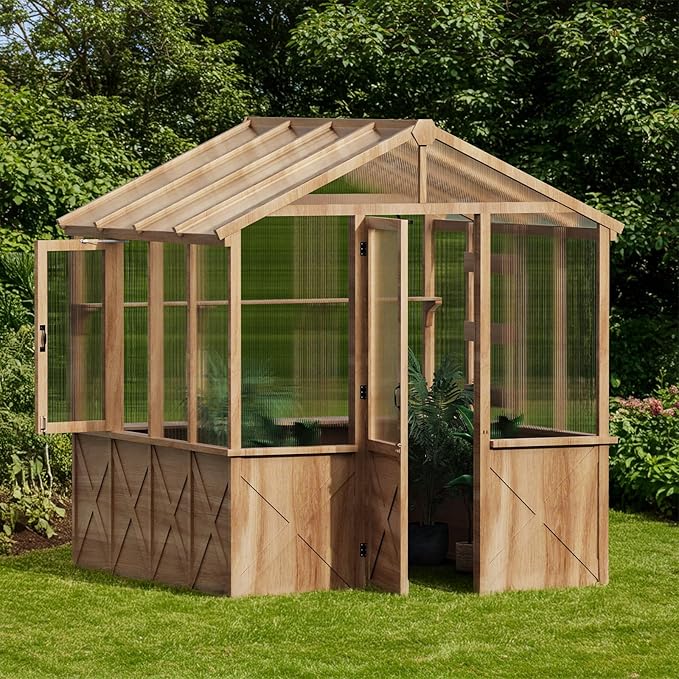 8*9.2*8.2FT Wooden GreenhouseGreen House with Shelves &amp Plant HooksSloped Roof DesignUnique Metal RodEuropean Spruce Frame for Outdoor Garden and Backyard
