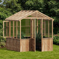 8*9.2*8.2FT Wooden GreenhouseGreen House with Shelves &amp Plant HooksSloped Roof DesignUnique Metal RodEuropean Spruce Frame for Outdoor Garden and Backyard