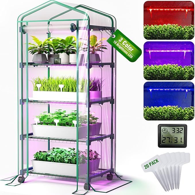 PYY Mini Indoor Greenhouse with Grow Light - Small Portable Outdoor Plant Green House Cabinet with Wheels Thermometer PVC Tent Cover 4 Dimmable 3 Color 2FT 36W LED Kit 4 Tier Gardening Shelves