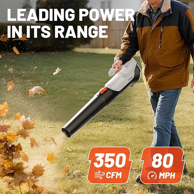 Litheli Cordless Leaf Blower with 2 Batteries (Works as Portable Power Bank) Ultra-Lightweight Electric Blower for Driveways Patios &amp Decks 2-Speed 350CFM for Dry Leaves Dust &amp Car Drying