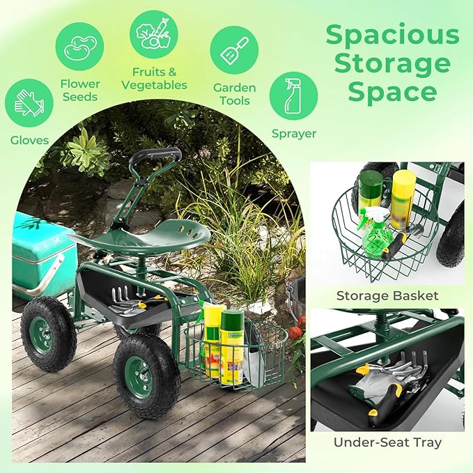 Garden Seat with Wheels Rolling Stool with Extendable Handle Storage Basket &amp Tool Tray Garden Scooter with 360 Degree Swivel Seat for Outdoor &amp Yard (Green)