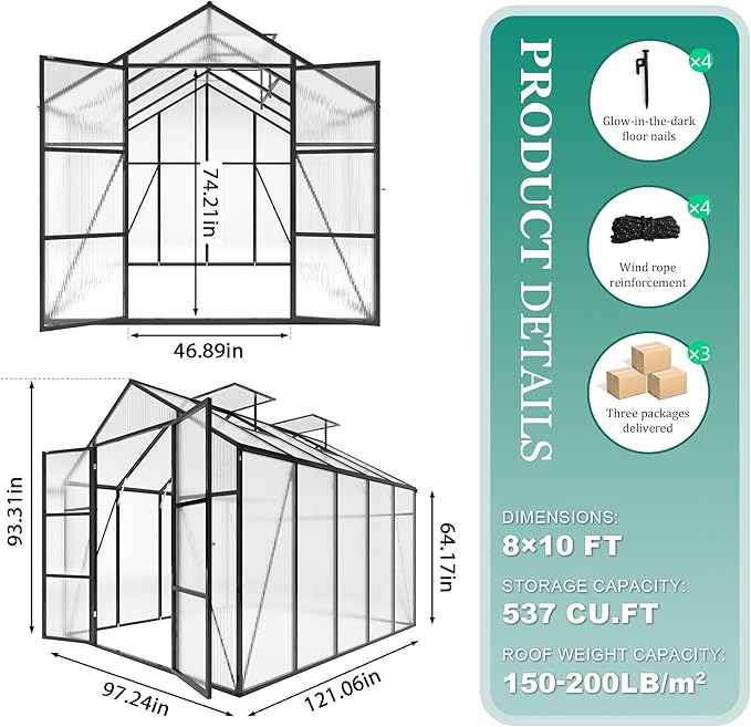 Greenhouse for Outdoors 8x10x7.8FT Polycarbonate Greenhouse with Stronger Wind Protection and Roof Vent Walk-in Large Aluminum Sunroom Winter Proof Black