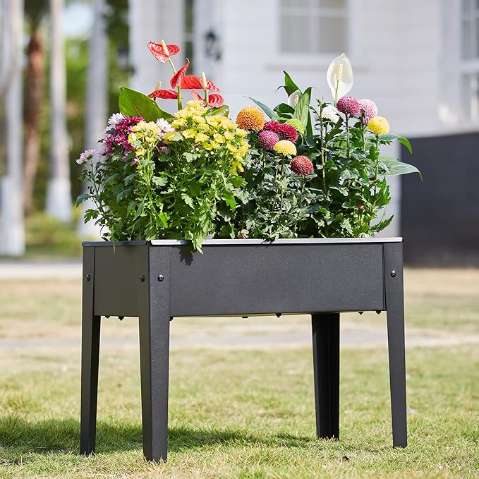 Raised Garden Bed Elevated Planter Black Metal Plant Box with Legs Standing Garden Stand Drainage Holes Black(24 L x 11 W x 18 H)