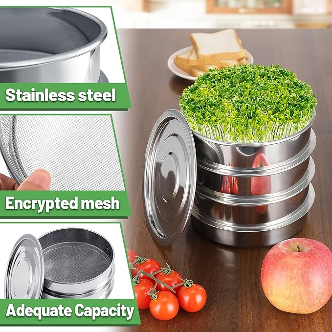 Stainless Steel Seed Sprouting Kit - 4-tier Microgreens Growing Tray 6in Dia Stackable Round Seed Sprouter Maker with Encrypted Mesh Sprouts Grower for Beans Broccoli Alfalfa Seeds Wheat Grass