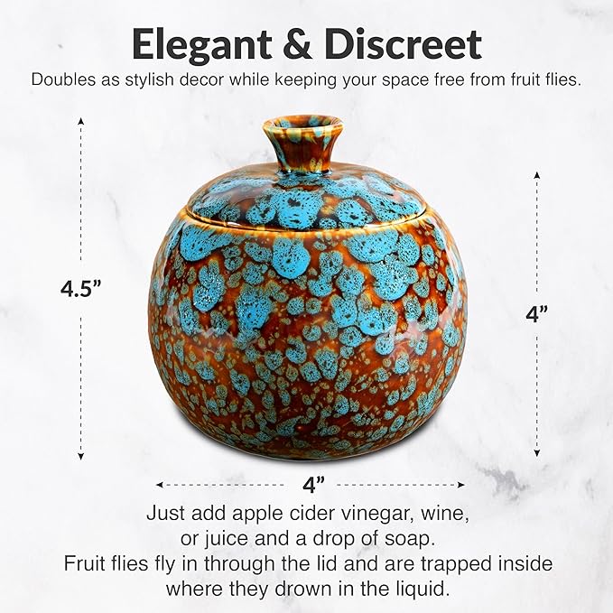 Elevated Lifestyle Fruit Fly Jar Trap - Decorative and Effective Ceramic Fruit Fly Catcher Kid and Pet Friendly Fly Trap Indoor Ideal for Kitchens Restaurants and Homes - (Marbled Turquoise)