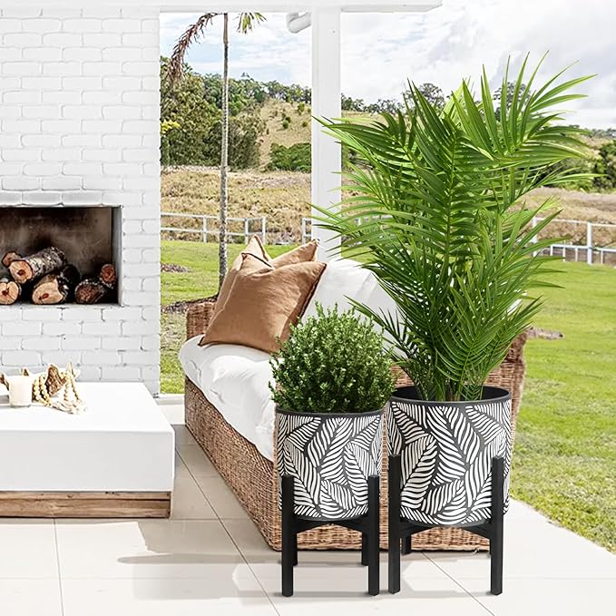 10 &amp 12 Inches Plant Pot with Stand Set of 2 Decorative Palm Leaves Printing Planter with Holder Garden Pot for Snake Plant Monstera Houseplants - Indoor Outdoor Flower Pots with Drainage Hole