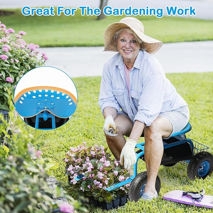 Rolling Garden Work Seat with 360-Degree Swivel Seat Adjustable Height Gardening Stool with Steering Handle and Tool Storage